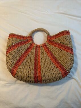Boho Woven Straw Handbag with Coral & Gold Accents | Round Handle Beach Tote
